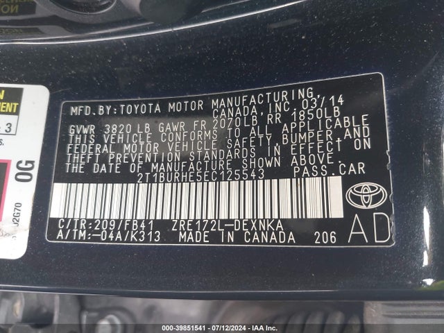 Toyota COROLLA LE 2014 2T1BURHE5EC125543 Image 9