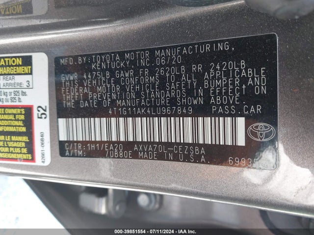Toyota CAMRY SE 2020 4T1G11AK4LU967849 Image 9
