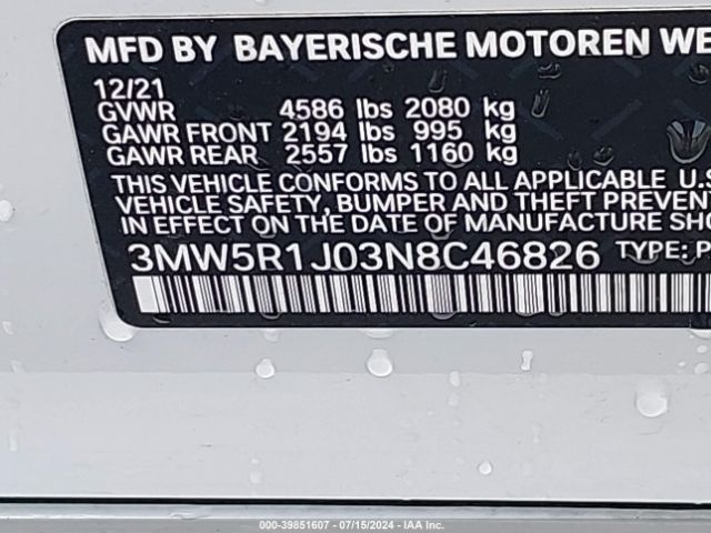 3MW5R1J03N8C46826 BMW 330I