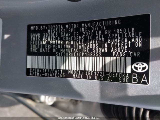 5YFBURHE4EP168352 Toyota COROLLA L