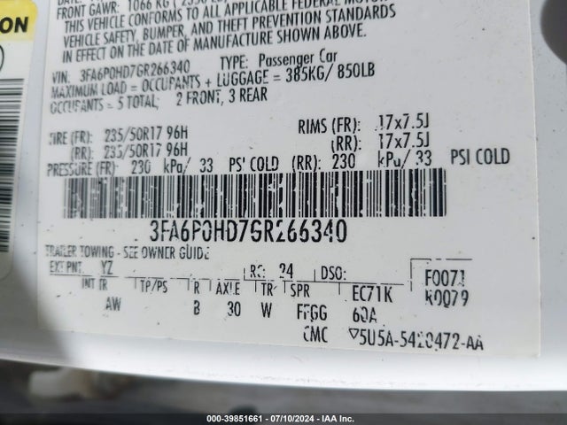 Ford FUSION SE 2016 3FA6P0HD7GR266340 Image 9