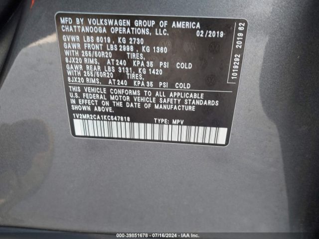 1V2MR2CA1KC547818 Volkswagen Atlas 3.6l V6 Sel