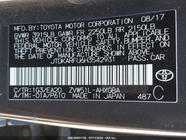 JTDKARFU6H3542931 Toyota Prius Four