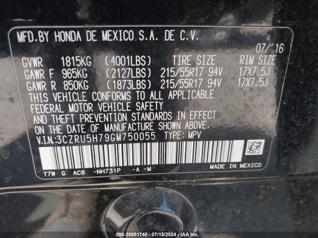 Honda Hr-v Ex-l 2016 3CZRU5H79GM750055 Image 9