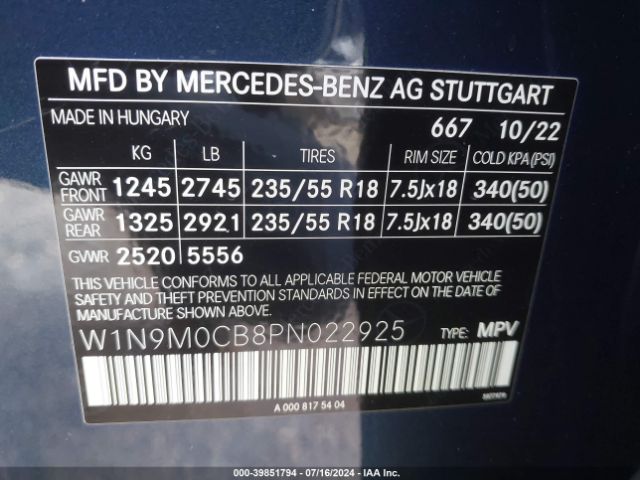 W1N9M0CB8PN022925 Mercedes-Benz Eqb 250 Suv