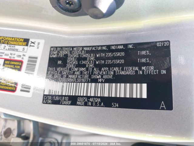 5TDDZRBH7LS018771 Toyota Highlander Limited