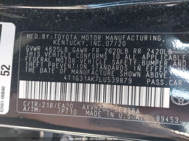 4T1G31AK7LU539879 Toyota Camry Se Hybrid