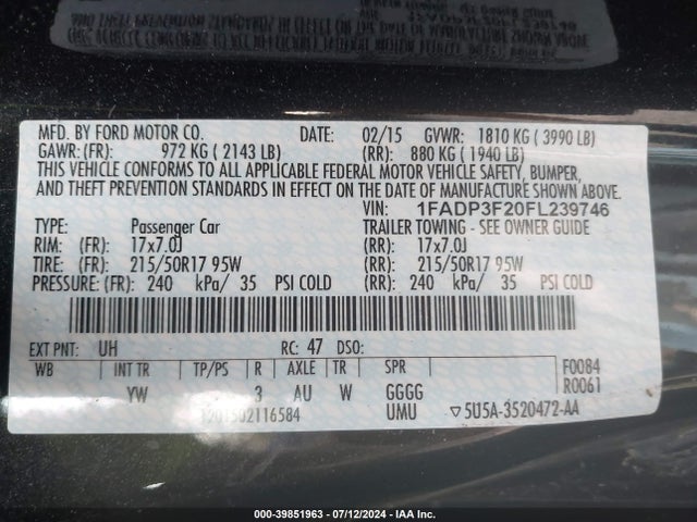 Ford FOCUS SE 2015 1FADP3F20FL239746 Image 9