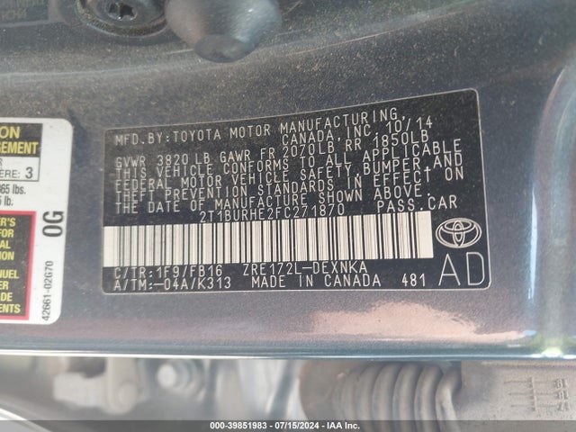 Toyota COROLLA LE 2015 2T1BURHE2FC271870 Image 9