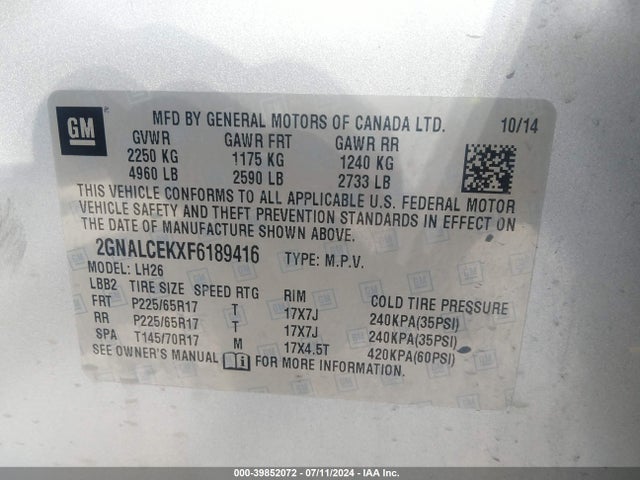 Chevrolet Equinox 2lt 2015 2GNALCEKXF6189416 Image 9