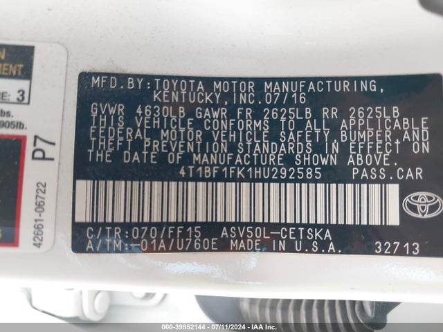 Toyota CAMRY SE 2017 4T1BF1FK1HU292585 Image 9