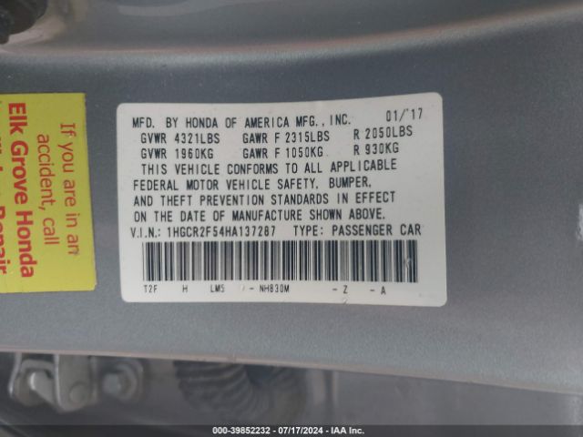1HGCR2F54HA137287 Honda Accord Sport