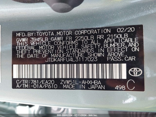 Toyota PRIUS XLE 2020 JTDKARFU4L3117023 Image 9