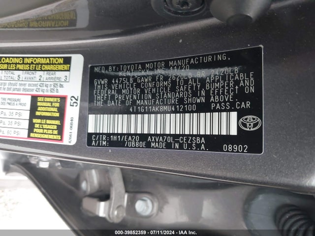 Toyota CAMRY SE 2021 4T1G11AK8MU412100 Image 9