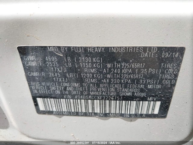 Subaru Outback 2.5i Premium 2015 4S4BSACCXF3226757 Image 9