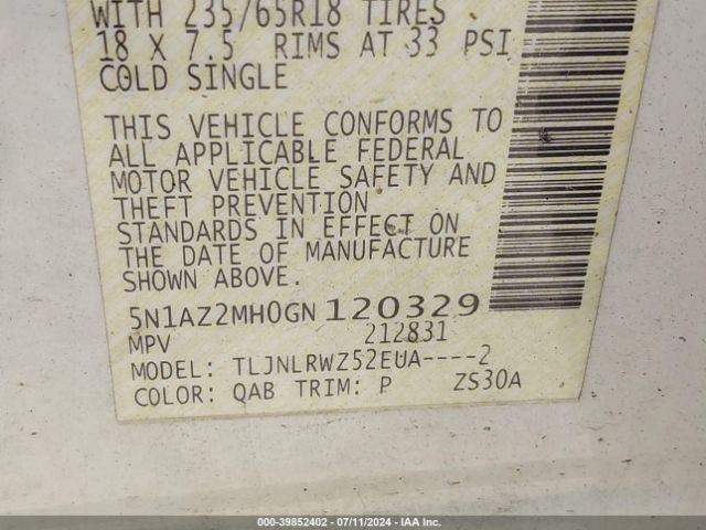 5N1AZ2MH0GN120329 Nissan MURANO SL