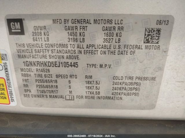 1GNKRHKD5EJ105445 Chevrolet Traverse 2lt