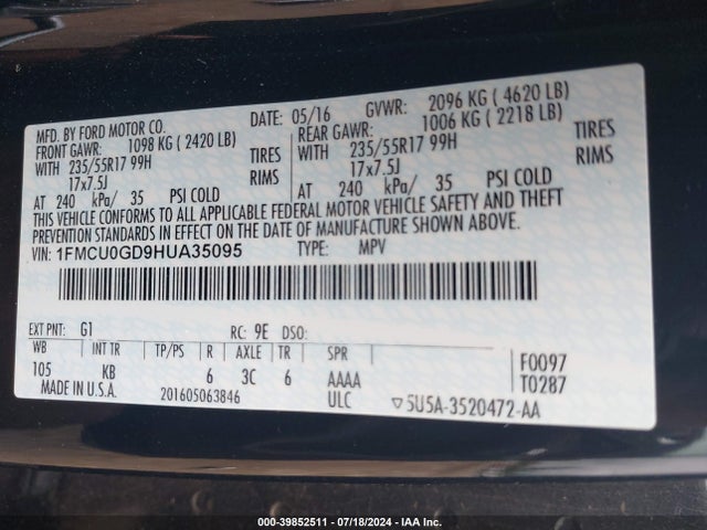 1FMCU0GD9HUA35095 Ford ESCAPE SE