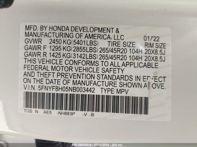 Honda Passport Awd Elite 2022 5FNYF8H05NB003442 Image 9