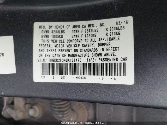 Honda ACCORD LX 2016 1HGCR2F34GA181478 Image 9