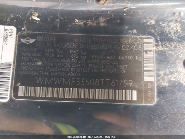 2008 MINI COOPER WMWMF33508TT61759 Photo 8