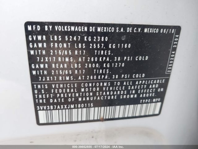 3VV3B7AXXJM180115 Volkswagen Tiguan 2.0t Se/2.0t Sel