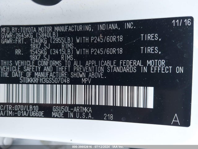 Toyota Highlander Xle V6 2016 5TDKKRFH3GS507048 Image 9