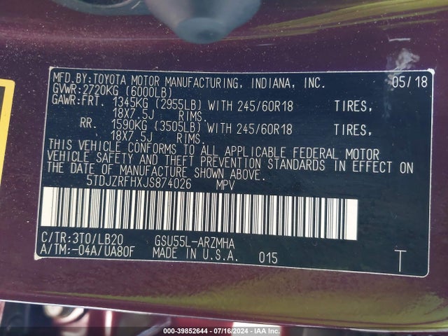 Toyota Highlander Xle 2018 5TDJZRFHXJS874026 Image 9