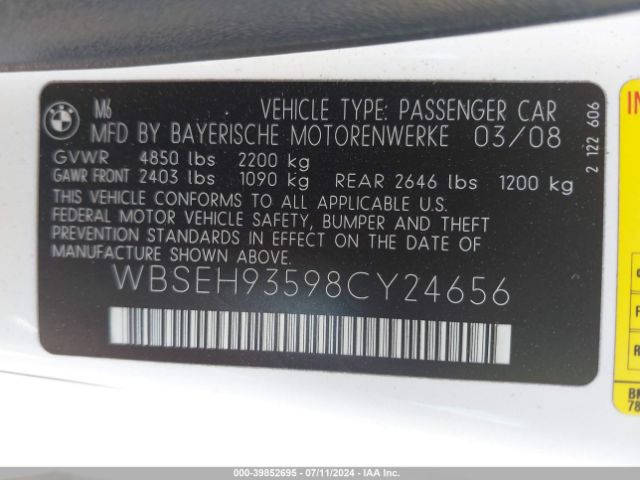 2008 BMW M6 WBSEH93598CY24656 Photo 8