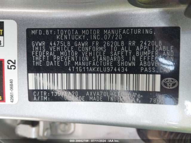 Toyota CAMRY SE 2020 4T1G11AKXLU974434 Image 9