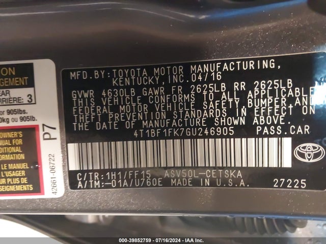 Toyota CAMRY SE 2016 4T1BF1FK7GU246905 Image 9
