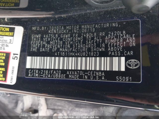 4T1B11HK4KU821823 Toyota CAMRY LE