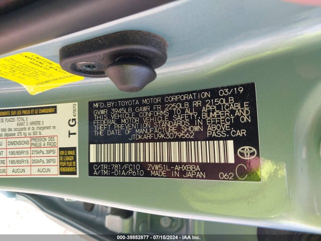Toyota Prius L Eco 2019 JTDKARFU9K3079562 Image 9