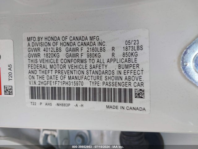 Honda Civic Ex /ex W/o Bsi 2023 2HGFE1F71PH315970 Image 9