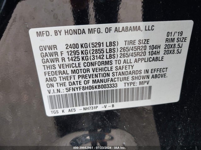 Honda Passport Elite 2019 5FNYF8H06KB003333 Image 9