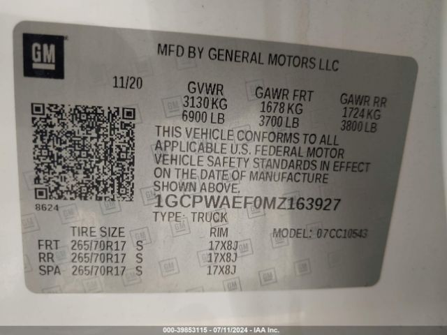 1GCPWAEF0MZ163927 Chevrolet Silverado 1500 2wd  Short Bed Wt
