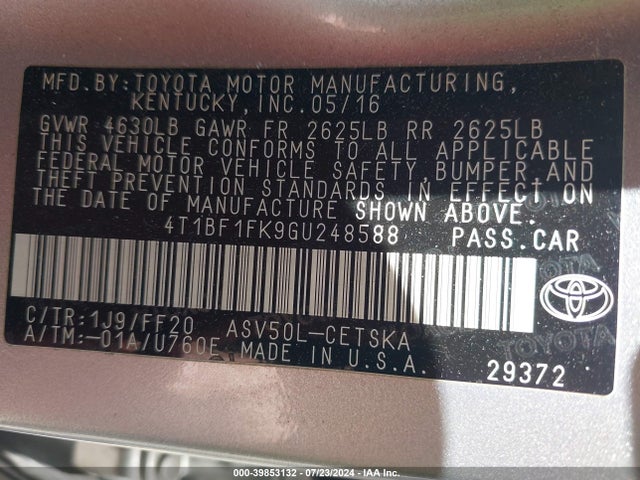 Toyota CAMRY SE 2016 4T1BF1FK9GU248588 Image 9