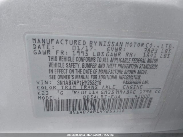 Nissan SENTRA S 2017 3N1AB7AP1HY253318 Image 9