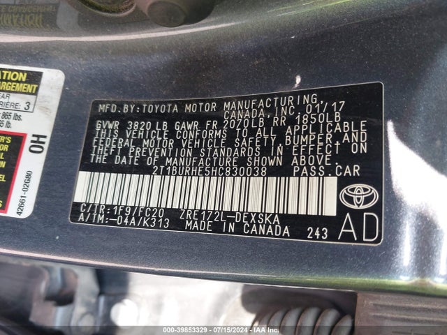 Toyota COROLLA SE 2017 2T1BURHE5HC830038 Image 9