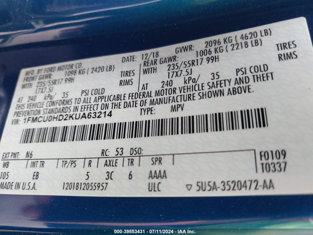 Ford ESCAPE SEL 2019 1FMCU0HD2KUA63214 Image 9