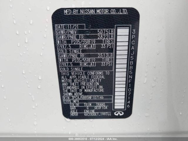 3PCAJ5BB5NF107146 Infiniti Qx50 Luxe Awd