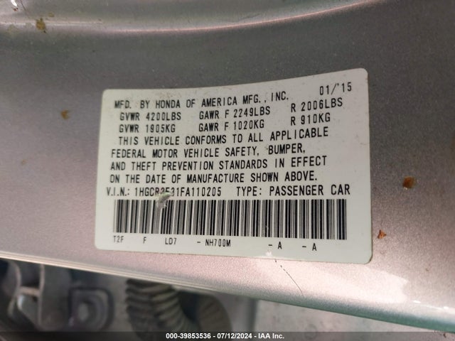 Honda ACCORD LX 2015 1HGCR2F31FA110205 Image 9