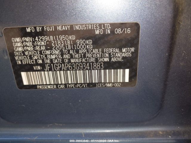 JF1GPAP63G9341883 Subaru Impreza 2.0i Sport Premium