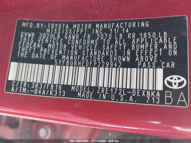 Toyota COROLLA LE 2015 5YFBURHE0FP229942 Image 9