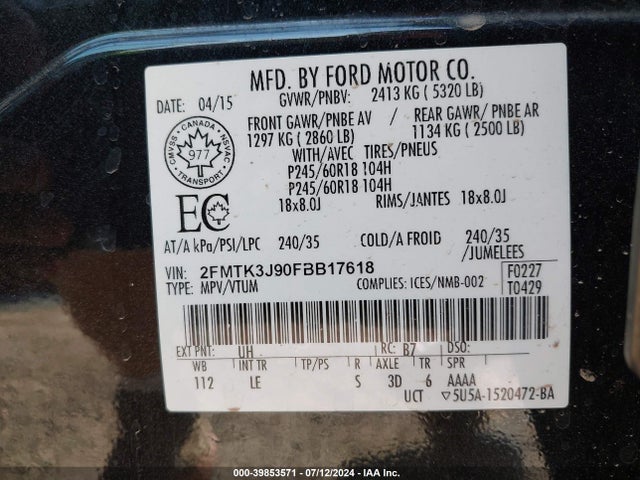 Ford EDGE SEL 2015 2FMTK3J90FBB17618 Image 9