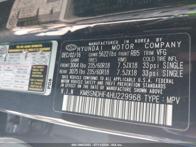 KM8SNDHF4HU229968 Hyundai Santa Fe Se