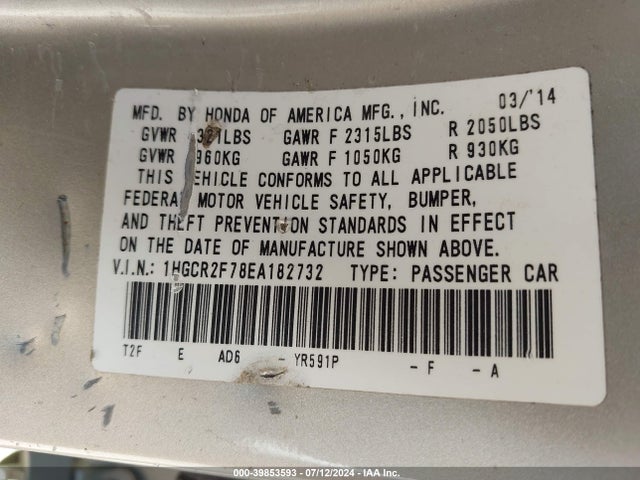 Honda ACCORD EX 2014 1HGCR2F78EA182732 Image 9