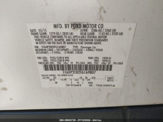 1FAHP2E82FG169807 Ford TAURUS SEL