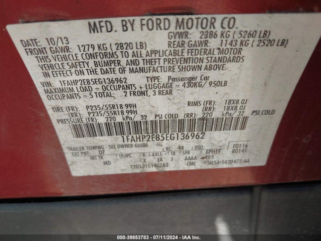 Ford TAURUS SEL 2014 1FAHP2E85EG136962 Image 9