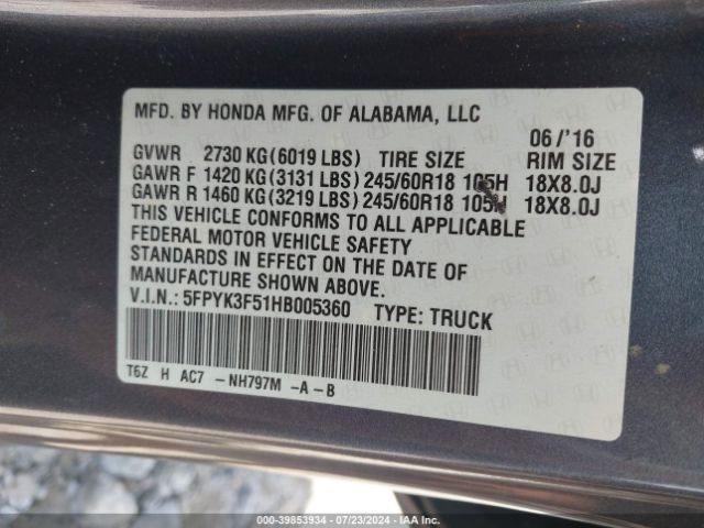 5FPYK3F51HB005360 Honda Ridgeline Rtl
